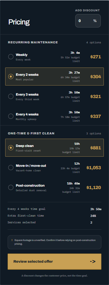 Price Every Clean mobile results showing seven prices and labor goals from one walkthrough